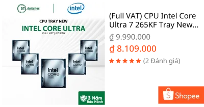 (Full VAT) CPU Intel Core Ultra 7 265KF Tray New (No Fan) | Bảo Hành 36 Tháng