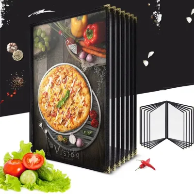 Bìa menu trong suốt bằng PVC có thể gập lại, góc kim loại, menu có thể tái sử dụng, sách hiển thị giá.