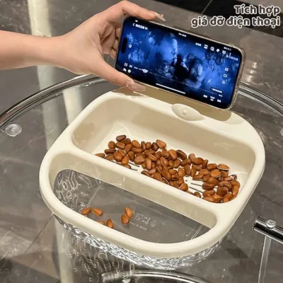 Khay Đựng Bánh Kẹo Đồ Ăn Vặt 2 Lớp Có Giá Đỡ Điện Thoại, Khay Đựng Hoa Quả Lỗ Thoát Nước Tiện Lợi