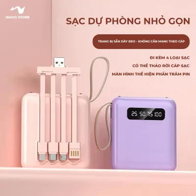 Pin Sạc Dự Phòng Mini 20000mAh – Tích Hợp 4 Dây Sạc, Có Đèn LED, Tiện Lợi Du Lịch
