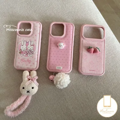 Ốp Lưng Cho IPhone 16 13 17 15 11 14 12 Pro Max XR X XS MAX Air 16 Plus Thỏ Ngọt Chấm Bi Họa Tiết Da Sang Trọng Dây Buộc Mềm