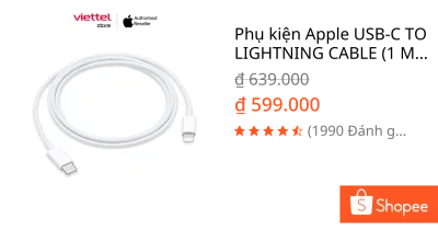 Phụ kiện Apple USB-C TO LIGHTNING CABLE (1 M) Chính hãng (dùng cho iPhone 14 series trở xuống)