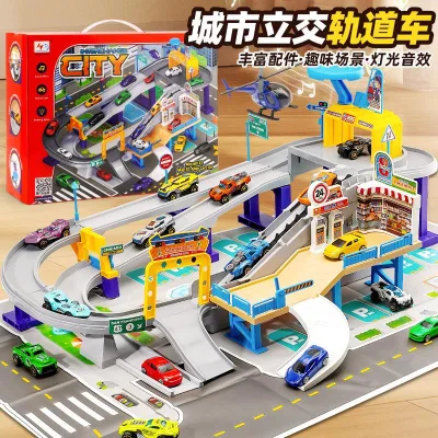 Bộ đồ chơi xe ô tô mini đường ray – bãi đỗ xe điện động, trượt dốc cho bé trai, đồ chơi trí tuệ