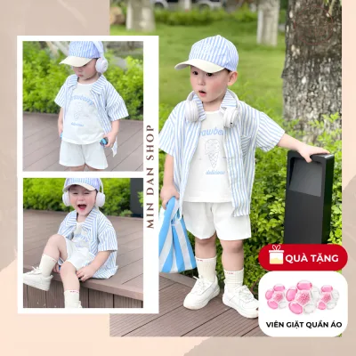 Bộ sơ mi kẻ xanh bé trai TẶNG KÈM MŨ và áo ba lỗ Strawberry - Set đồ đi chơi cực chất cho bé