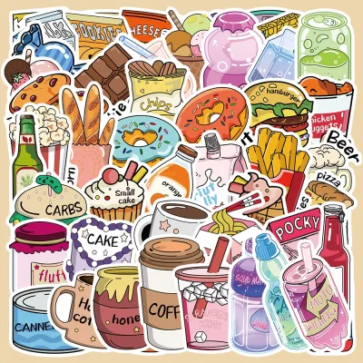 Set 10/20/50 cái sticker chống nước ĐỒ ĂN VẶT DONUT KHOAI TÂY CHIÊN BÁNH KẸO NƯỚC CÀ PHÊ dán mũ bảo hiểm vali laptop đàn