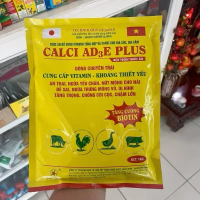 Calci AD3E Plus 1kg thức ăn cung cấp vitamin ade, biotin, khoáng cho xương cứng, vỏ dày, mau lớn, tăng trọng gà, heo