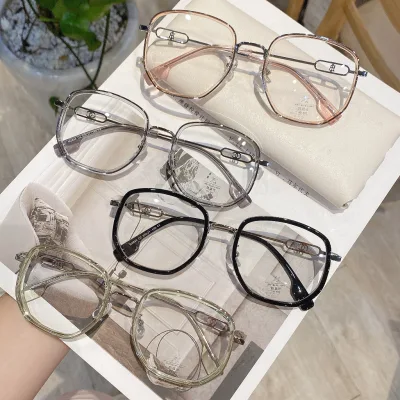 Gọng Kính Cao Cấp Phong Cách Hàn Quốc Tròng Đa Giác Càng Điêu Khắc Mắt Chống UV Ánh Sáng Xanh Thay Được Mắt Cận