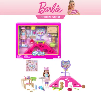 Đồ chơi Barbie, búp bê Chelsea và phụ kiện, Skatepark Playset với 2 con chó và 15+ miếng