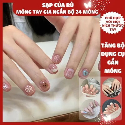 Set 24 móng tay giả ngắn học sinh kiểu nghệ thuật DIY - tặng kèm 5 dụng cụ làm móng