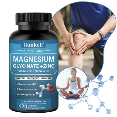 Bunkell Magnesium Glycinate + Zinc Dietary Supplement, with Vitamin D3 and B6, Helps Increase Bone Density, Relax Muscles, Promote Metabolism and Support Immune Health.