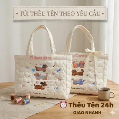 Túi Thêu Tên Trần Bông Hình Cún, Mèo ,Túi Thêu Vừa Laptop 14inch,Túi Trần Bông Thêu Tên