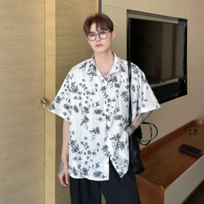 Áo sơ mi tay lửng in họa tiết đơn giản phong cách nhật bản hợp thời trang cho nam simple retro top áo nam đẹp hàn quốc áo thời trang nam fashion áo sơ mi nam ngắn tay