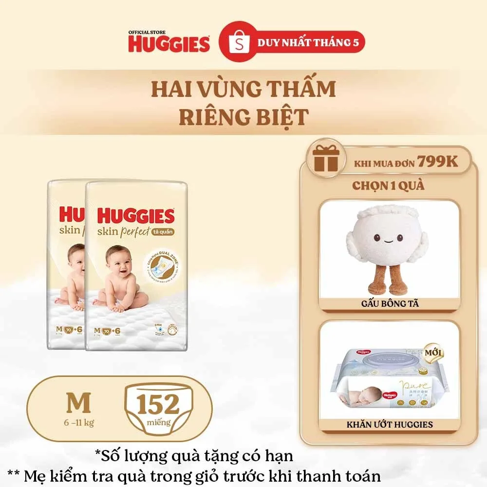 Combo 2 Tã quần Huggies Skin Perfect Super Jumbo M70+2/ L60+2/ XL52+6/ XXL48+6 miếng với 2 vùng thấm giảm kích ứng da