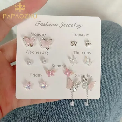 PAPAOZHU Bộ 14 Chiếc Bông Tai Hình Bướm từ Bạc S925 với Ngọc Trai và Pha Lê Hồng - Trang Sức Đẹp Dành Cho Nữ