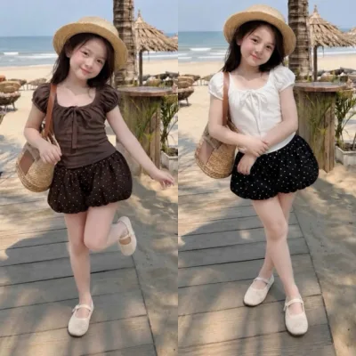 Q6 - Sét áo phối ren đũi kèm quần bí phồng xinh xắn hottrens cho bé gái đi chơi , đi biển