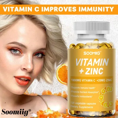 Soomiig Zinc Capsules Vitamin C 1000 Mg with Bioflavonoids from Passion Fruit and Citrus Fruits, Dietary Supplement to Support Immunity, Antioxidant Protection