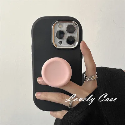 Tương thích cho iPhone 11 12 14 15 13 Pro Max 7 8 Plus SE 2020 Xr X Xs Max Vỏ điện thoại màu trơn đơn điệu + Giá đỡ Vỏ điện thoại ống kính khung bạc sang trọng Vỏ điện thoại TPU chống sốc