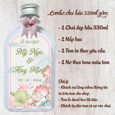 Combo chai nước + nhãn dán + nơ , tem chai nước trang trí đám cưới