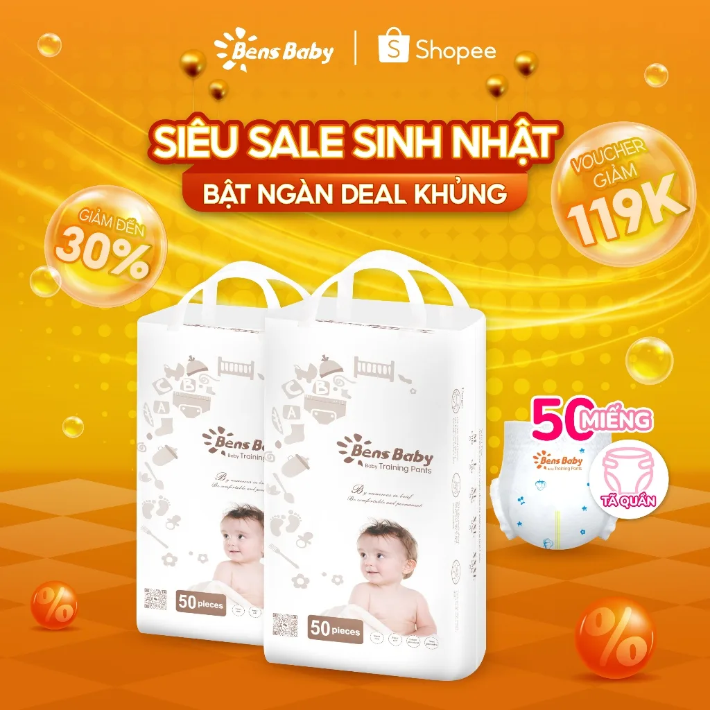 Bỉm Tã Quần Cao Cấp 50 Miếng Cho Bé Đủ Size M L XL XXL Siêu Mỏng Thấm Hút Thoáng Mát