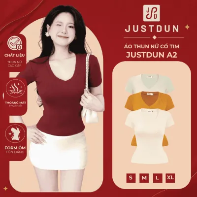 Áo Thun Nữ Basic Cổ Tim Trơn JUSTDUN A2 – Chất Cotton Lông Mịn Cao Cấp, Co Giãn 4 Chiều