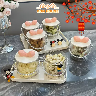 Hũ Đựng Mứt Tết 2026 Nắp Nơ Xinh Xắn GON Có Quai Xách, Khay đựng bánh kẹo trong suốt, đựng trái cây sấy khô, đồ ăn vặt