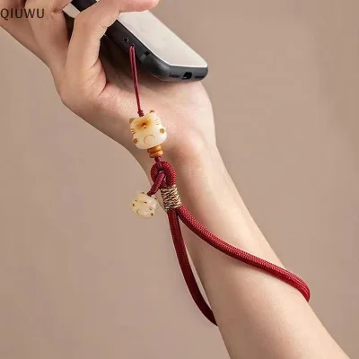 Qiuwu Dây Điện Thoại Hoạt Hình Mèo May Mắn Bồ Đề, Ốp Lưng, Dây Treo Đa Năng Chống Mất, Đeo Cổ Tay Ngắn