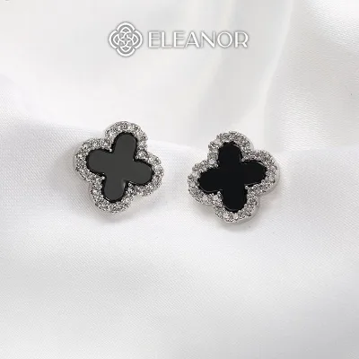 Bông tai nữ chuôi bạc 925 Eleanor Accessories cỏ 4 lá đính đá phụ kiện trang sức khuyên tai 8645