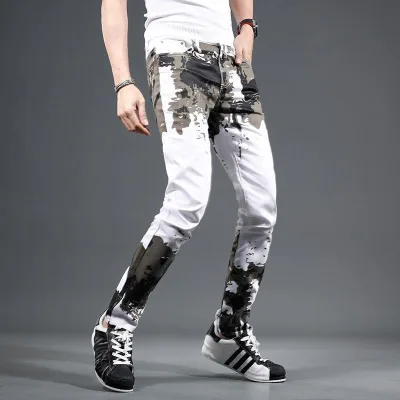Hợp Thời Trang Nam Màu Trắng Ngụy Trang Quần Nam Slim-fit Chân Nhỏ Thời Trang Quần Denim Nam Âu Mỹ Dạo Phố Quần Nam
