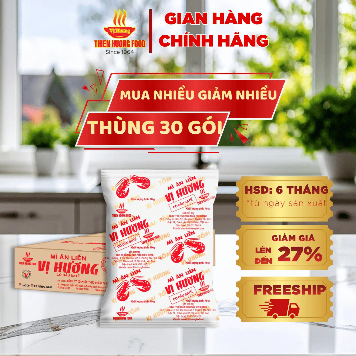 Thùng 30 gói Mì giấy Vị Hương 2 tôm Satế 70gram/gói   [TMNKR0005]