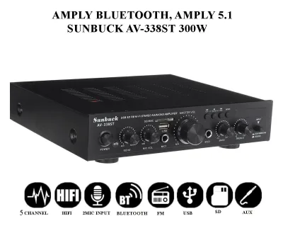 Amply Công Suất Lớn, Amply Karaoke Gia Đình, Amply công suất lớn Sunbuck AV-338ST 300W, 5 kênh, kết nối bluetooth, hỗ trợ 2 micro, đầu vào AUX. Bảo hành 12 tháng