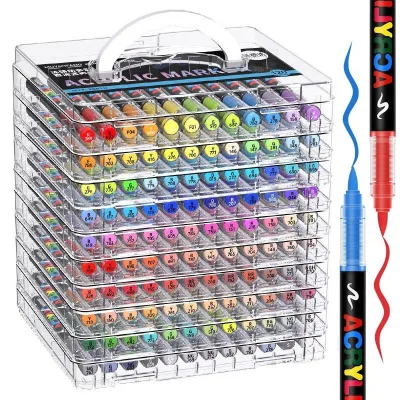 Bộ 24-120 Màu Marker Acrylic với Hộp Đựng Ngăn Nắp Mực dung lượng lớn • Bút cọ mềm vẽ sơn • Chống thấm nước Dụng cụ vẽ nghệ thuật chuyên nghiệp
