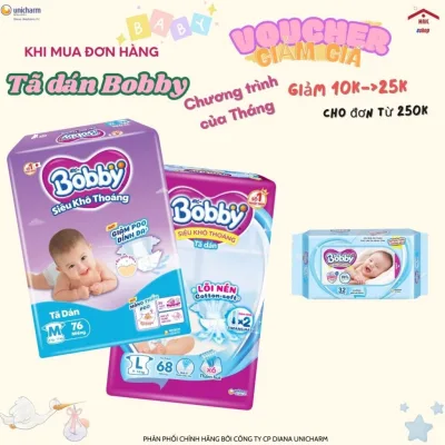 Tã dán/ bỉm dán Bobby S80/M76/L68/XL62/XXL56 mới- Lõi nén cotton-soft 3mm