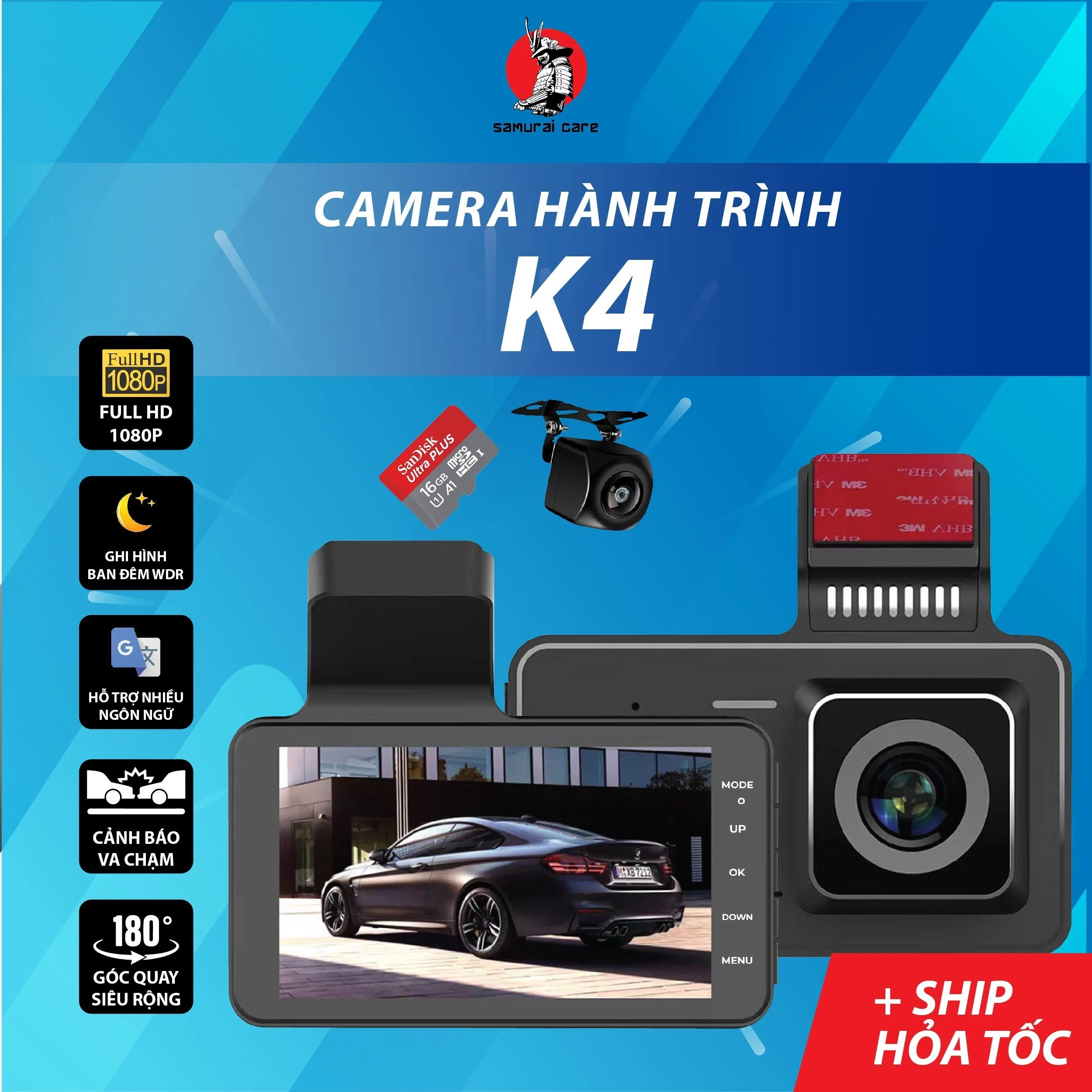 Camera hành trình K4, màn hình cơ 4 inch Full HD siêu nét, Cảnh báo va chạm phía trước, Chống Rung tự động -Bảo Hành 12 tháng lỗi 1 đổi 1-Hàng Chính Hãng