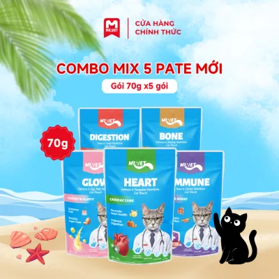 COMBO MIX 5 Pate Dinh Dưỡng Mrvet Gói 70G Hỗ Trợ Tim Mạch, Tiêu Hóa, Xương Khớp, Hệ Miễn Dịch, Da Lông