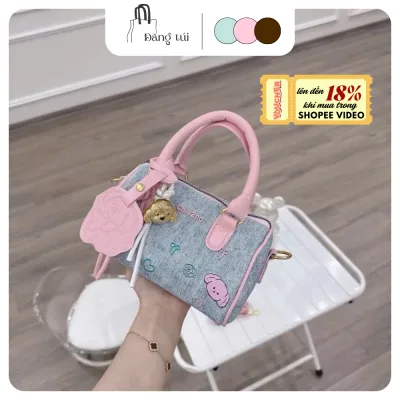 Túi xách tay nữ túi cầm tay chio 2nd, túi mini dáng hộp vải jean thêu hoạt hình tặng kèm charm gấu cute Đăng Túi TDC109