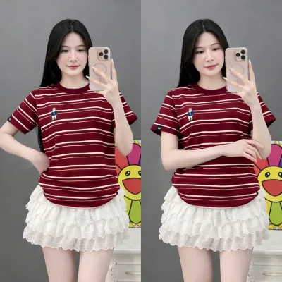 Áo phông nữ dáng babyte sọc kẻ thêu hình GẤU siêu xinh. Áo thun nữ xinh chất cotton cao cấp
