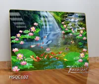 Painting of Lotus Flowers, Carp, Koi Fish, Feng Shui Waterfall, Mirrored Wall Hanging Hsqc102
