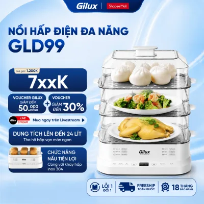 Nồi hấp Gilux 24L đa năng - Khay inox - phiên bản mới 2025 - có 3 tầng tiện lợi bảo hành 18 tháng