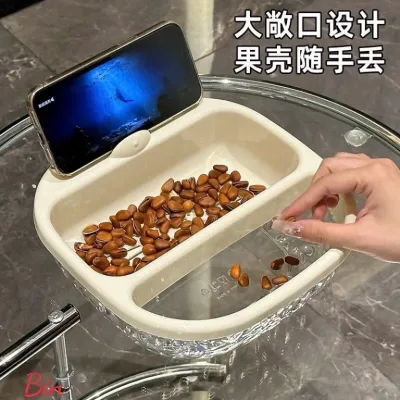 Khay đựng bánh kẹo đồ ăn vặt 2 lớp có giá đỡ điện thoại, khay đựng hoa quả có lỗ thoát nước tiện lợi