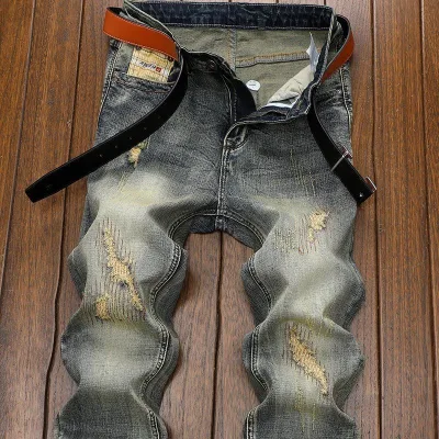 Rách Mỹ High Street Thẳng Hợp Thời Trang Thương Hiệu Quần Nam Retro Hợp Thời Trang Quần Jeans Xuân Thu Nam Nam Nam Nam Nam