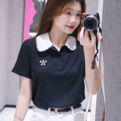 Lista Áo Polo Nữ Thêu Nơ cổ phối điệu đà - Cotton tổ ong sang trọng thanh lịch size tới 85 Kg (M18)