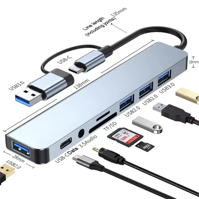 Hub type C USB 3.0 mở rộng 8 port cáp cổng chuyển đổi 2 đầu in 1 có 3.5 thẻ SD/TF máy tính laptop máy in