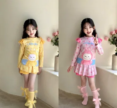 KM76 Đồ bơi, bikini 2 mảnh áo tay dài phối bèo, quần váy 2 lớp xinh xắn cho bé gái diện đi biển, đi bơi