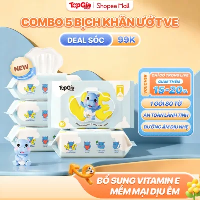 Thùng khăn ướt cao cấp cho bé VE Topgiakids 80 tờ, bổ sung tinh chất Vitamin E dưỡng ẩm dịu êm