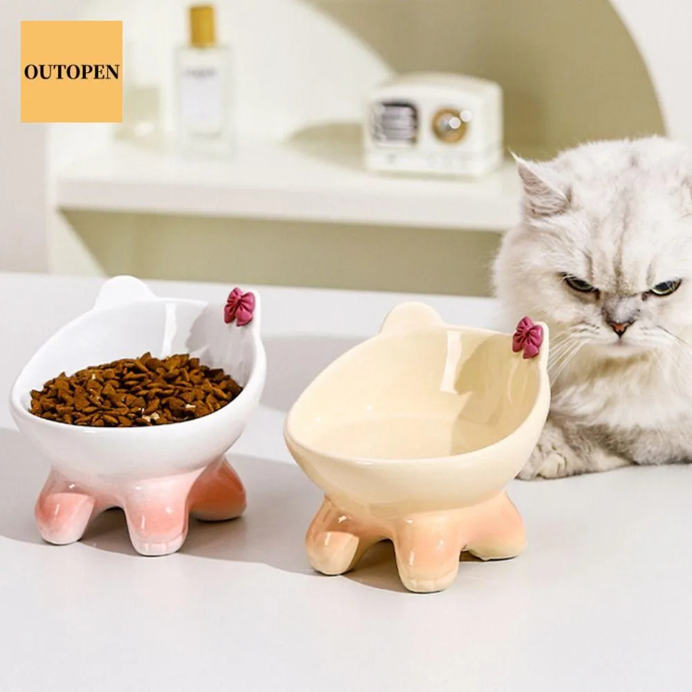 OUTOPEN Dễ thương Bát cho mèo Sáng Tạo Gốm Bát Chân cao cho thú cưng Hộp đựng thức ăn Chống lật Dụng cụ cho thú cưng ăn uống Bảo vệ cổ