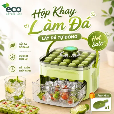 Hộp Làm Đá Viên Thông Minh Nhấn Tự Động, Khay Làm Đá Nắp Đậy Kín Có Tay Cầm Tiện Lợi Mang Đi