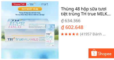 Thùng 48 hộp sữa tươi tiệt trùng TH true MILK HILO vị tự nhiên 180 ml (180 ml x 48)