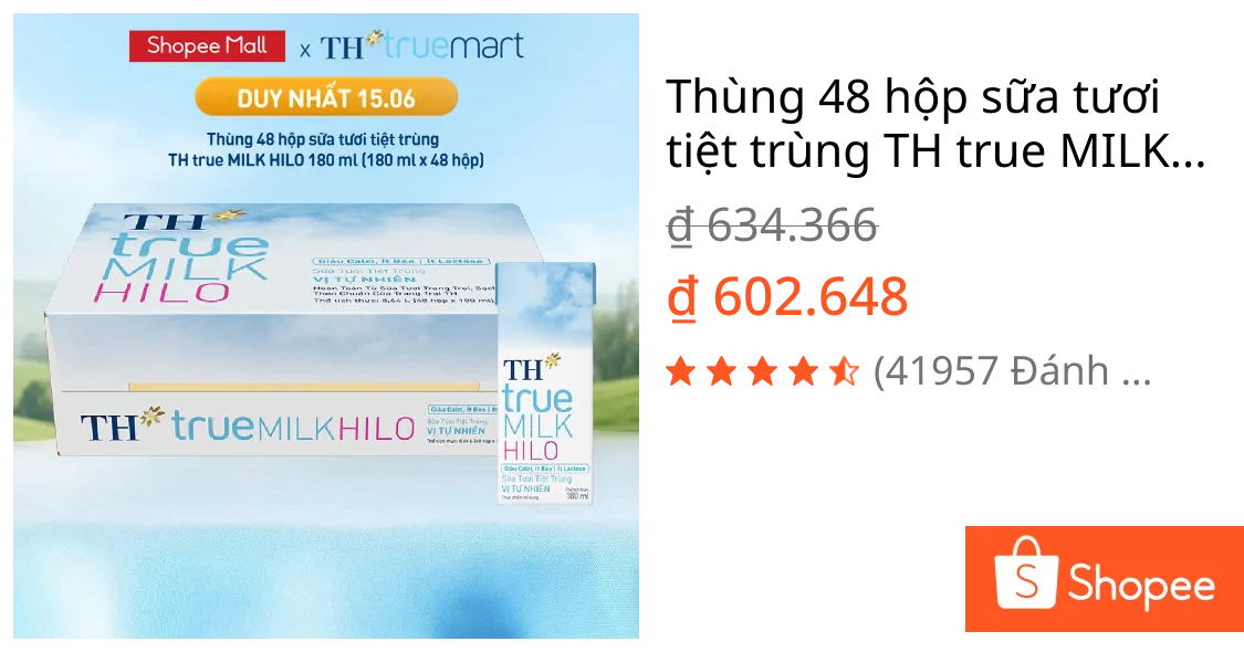 Thùng 48 hộp sữa tươi tiệt trùng TH true MILK HILO vị tự nhiên 180 ml (180 ml x 48)
