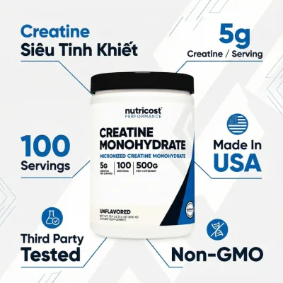 Bột Tăng Sức Mạnh và Phát Triển Cơ Nutricost Creatine Monohydrate 500g