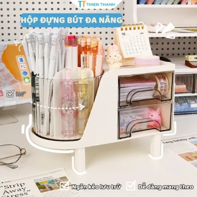 Hộp Bút Để Bàn 2in1 Có Ngăn Kéo – Ống Đựng Bút Xoay 360 Tiện Lợi, Dùng Cho Văn Phòng Học Tập